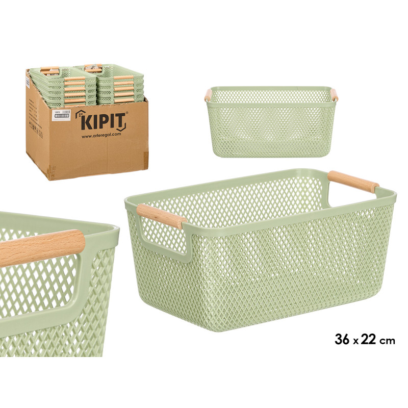 GREEN PLASTIC BASKET BAMBOO HANDLE 36X22CM