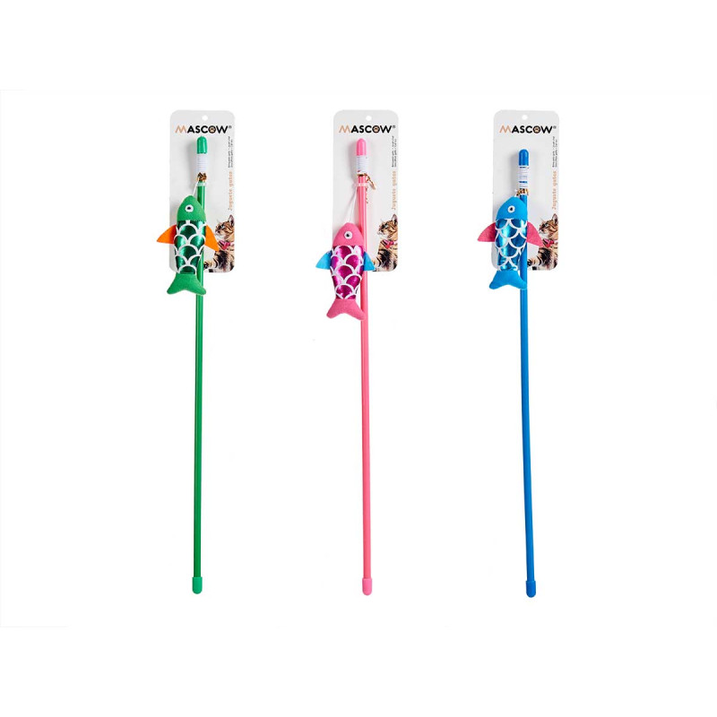 CAT TOY STICK WITH FISH ASSORT 3 COLOURS 