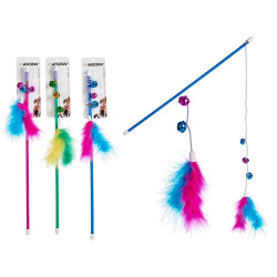 CAT TOY STICK WITH FEATHERS ASSORT 3 COLOURS