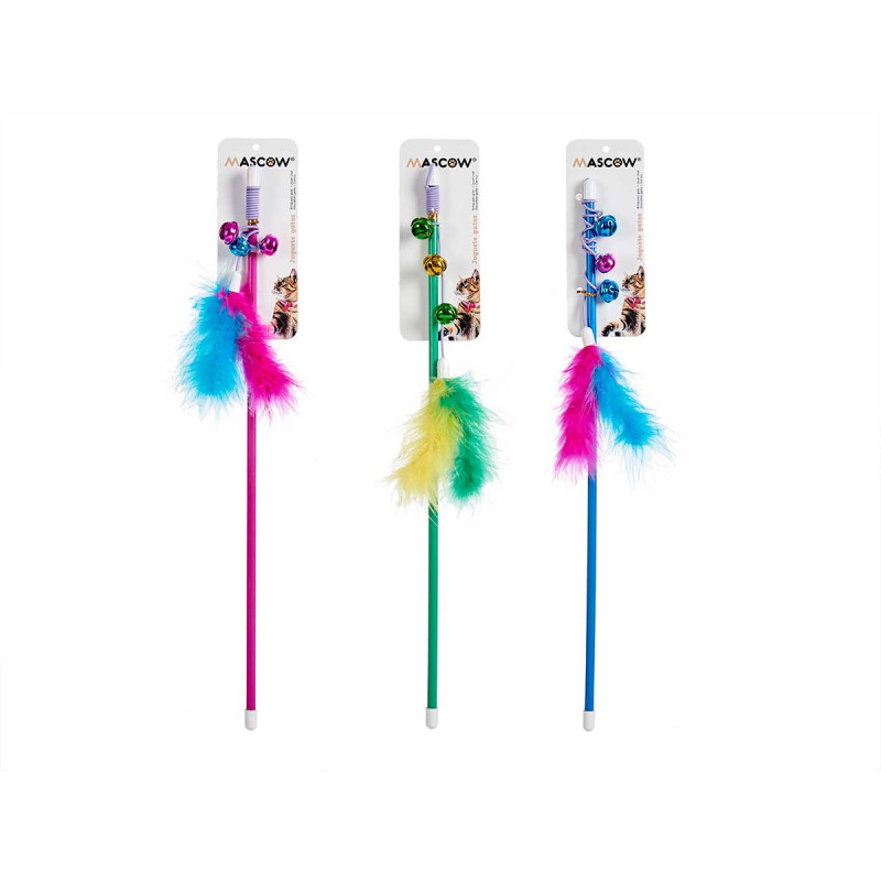 CAT TOY STICK WITH FEATHERS ASSORT 3 COLOURS