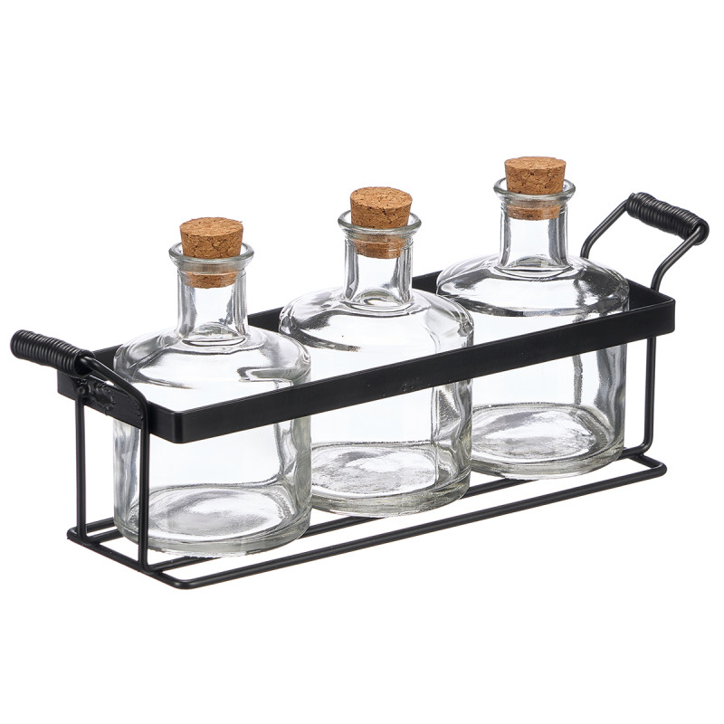 SET 3 FRASCOS TAMPA CORTICA 200 ML SUPORTE METAL