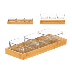 3 GLASS BOWL BAMBOO TRAY