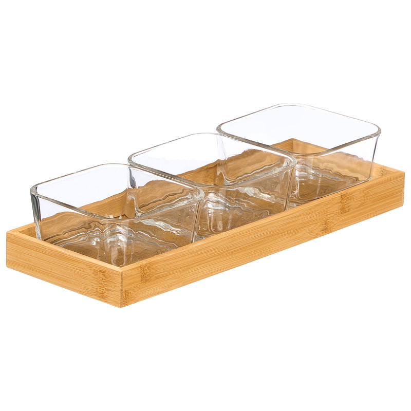 3 GLASS BOWL BAMBOO TRAY