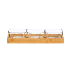 3 GLASS BOWL BAMBOO TRAY