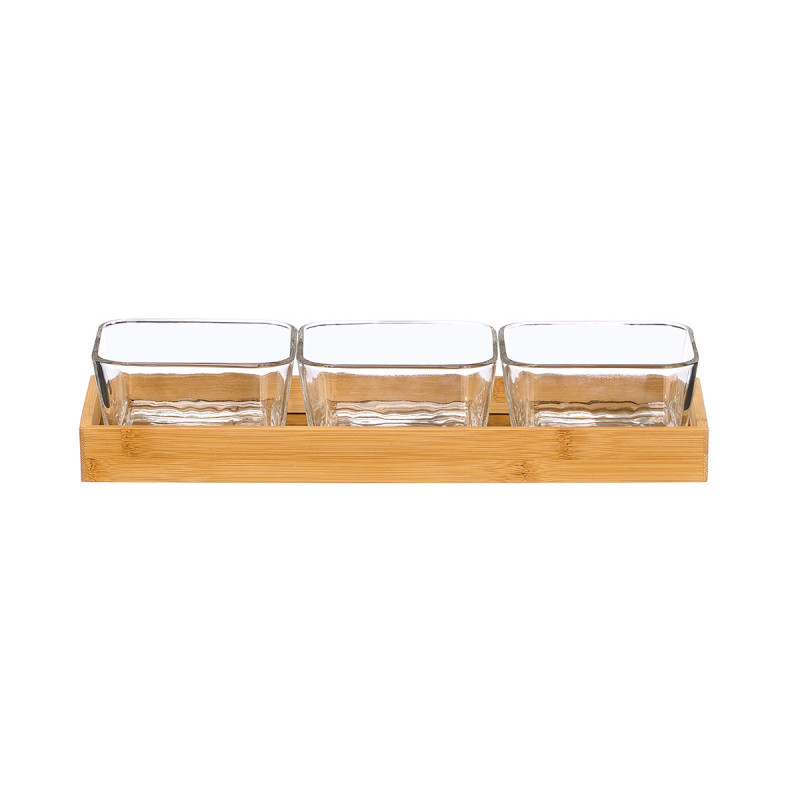 3 GLASS BOWL BAMBOO TRAY