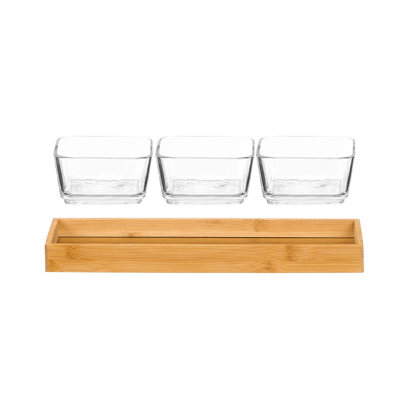3 GLASS BOWL BAMBOO TRAY