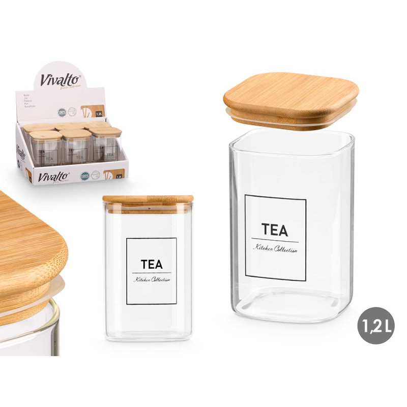 BARATTOLO QUADRATO BOROSILICA TAPPO BAMBU TE 1,2L