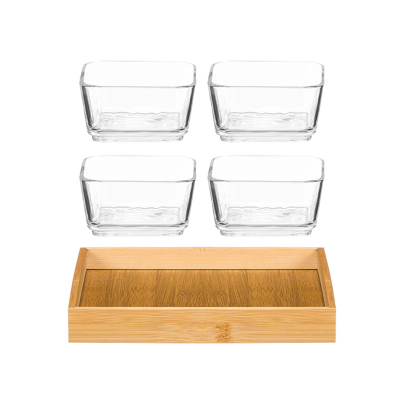 4 GLASS BOWLS BAMBOO TRAY