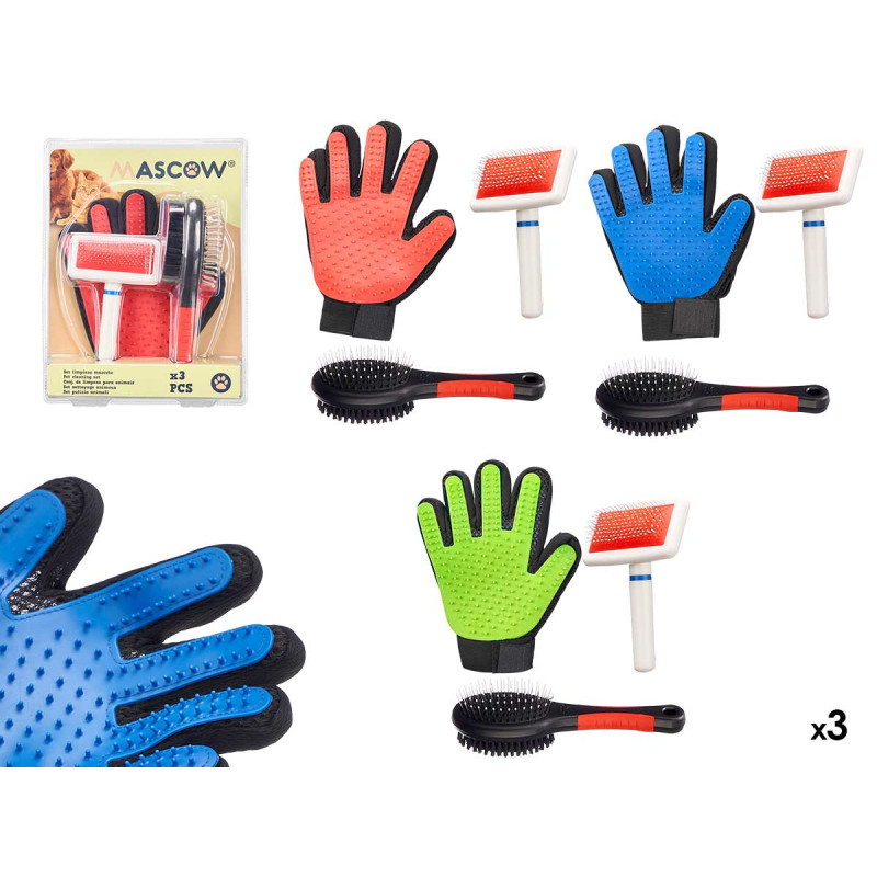 SET 3 PCS CLEANING PET BRUSH AND GLOVE ASSORT 3COL