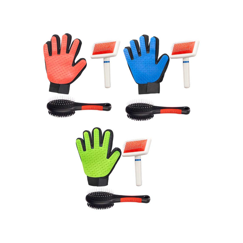 SET 3 PCS CLEANING PET BRUSH AND GLOVE ASSORT 3COL
