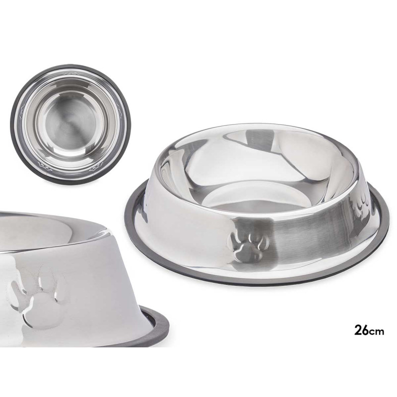 COMEDERO MASCOTA METALICO 26CM HUELLAS GOMA