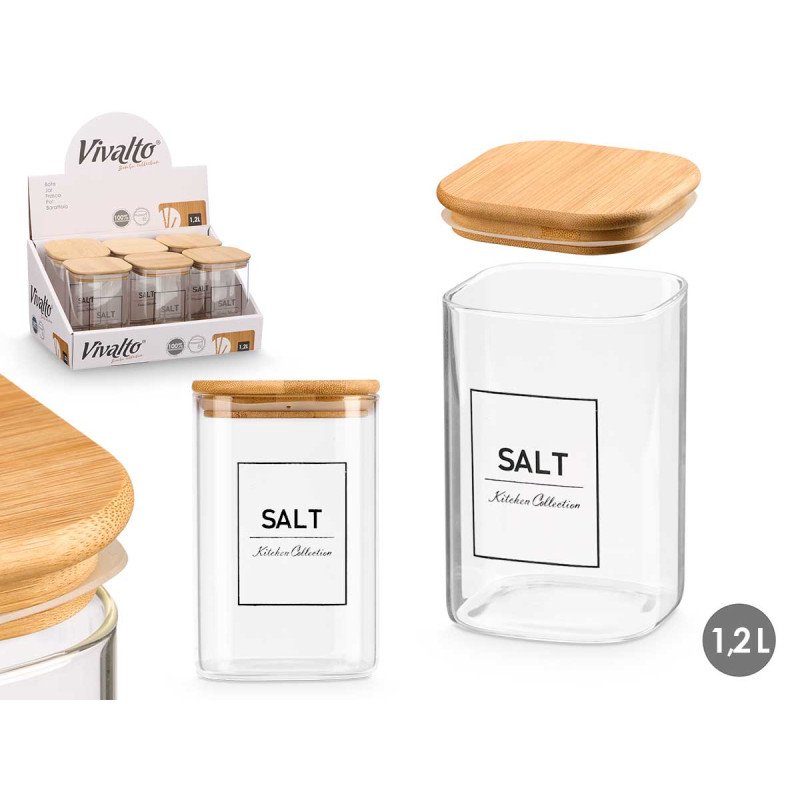 SQUARE BOROSILICATE JAR BAMBOO LID SALT 1,2L