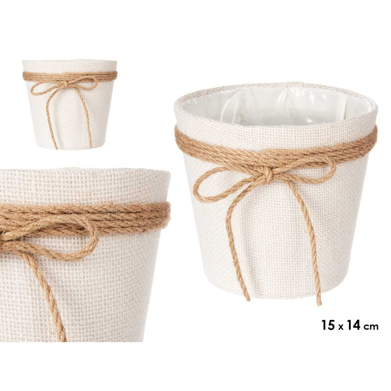 15X14CM WHITE FABRIC FLOWER POT WITH BOW  