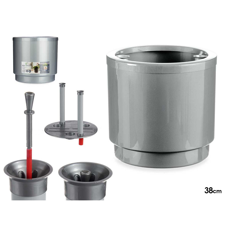 MACETA PLASTICO CON RESERVA AGUA 38CM PLATA