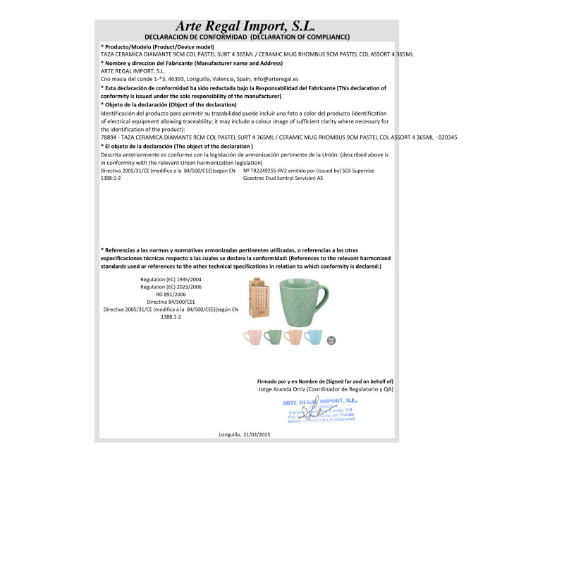 TASSE CÉRAMIQ DIAMANT 9CM COUL PASTEL ASRT 4 365ML