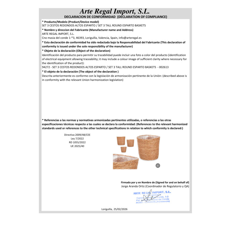 SET 3 TALL ROUND ESPARTO BASKETS 