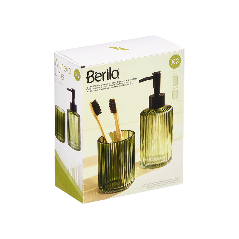 SET 2 BATH SOAP DISPENSR 350ML TUMBLER GRN STRIPED