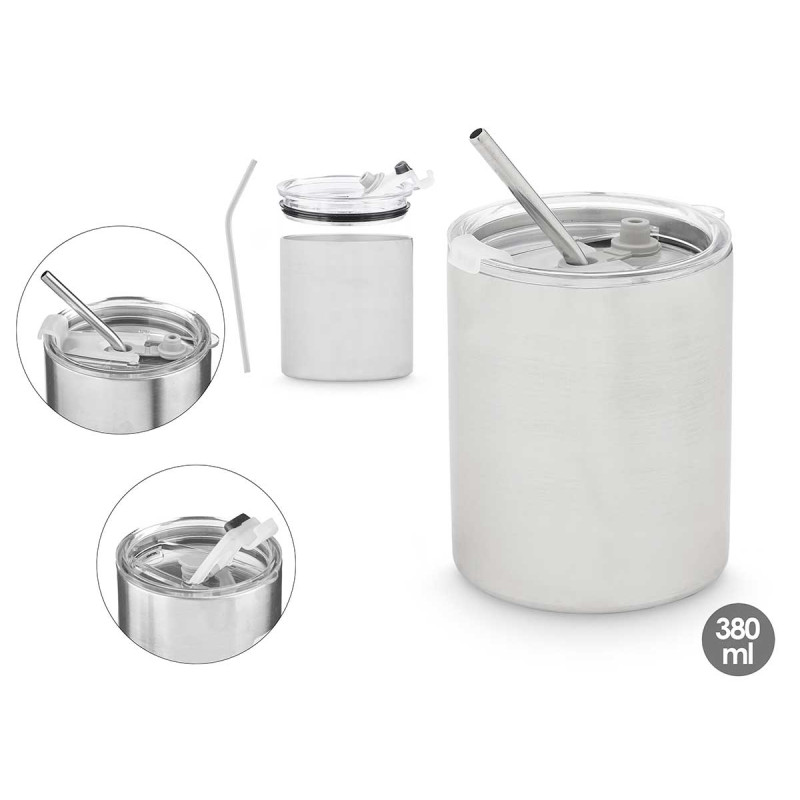 COPO COM PALHITA E TAMPA EM AÇO INOXIDAVEL 380ML