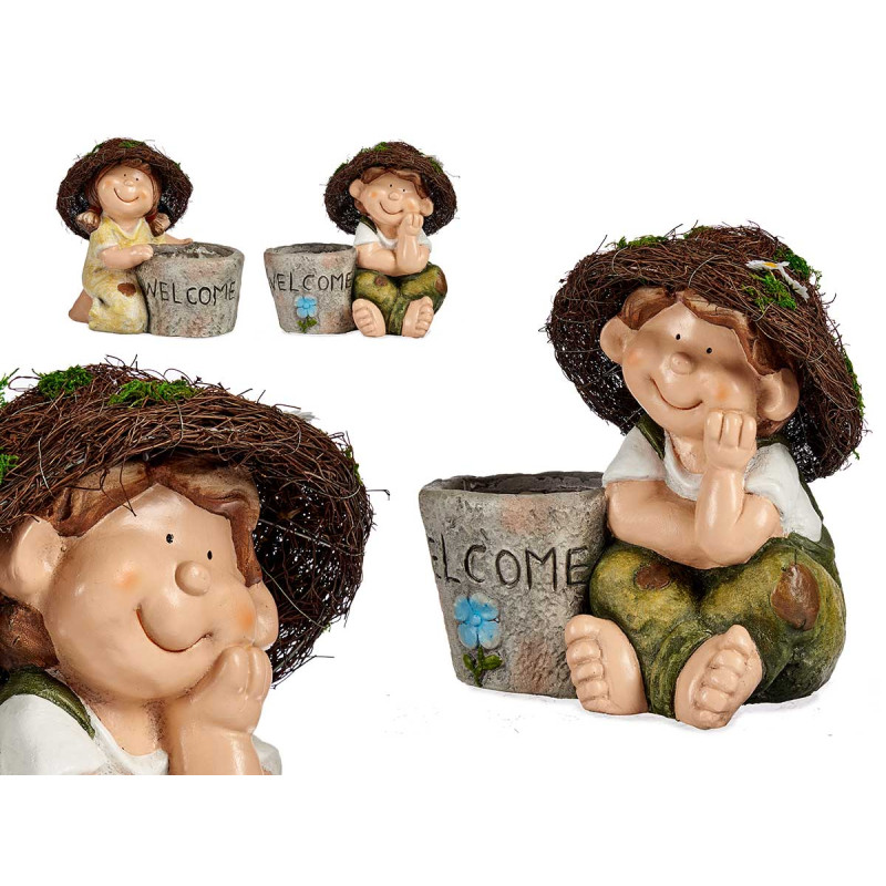ASST 2 POLYRESIN CHILD HAT AND FLOWERPOT WELCOME