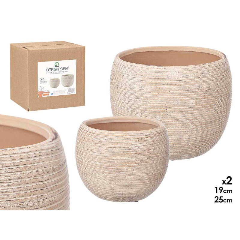 SET 2 STRIPED POTS BEIGE 19 25CM 