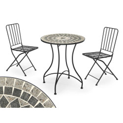 SET MESA MOSAICO GRIS 2 SILLAS FORJA NEGRA
