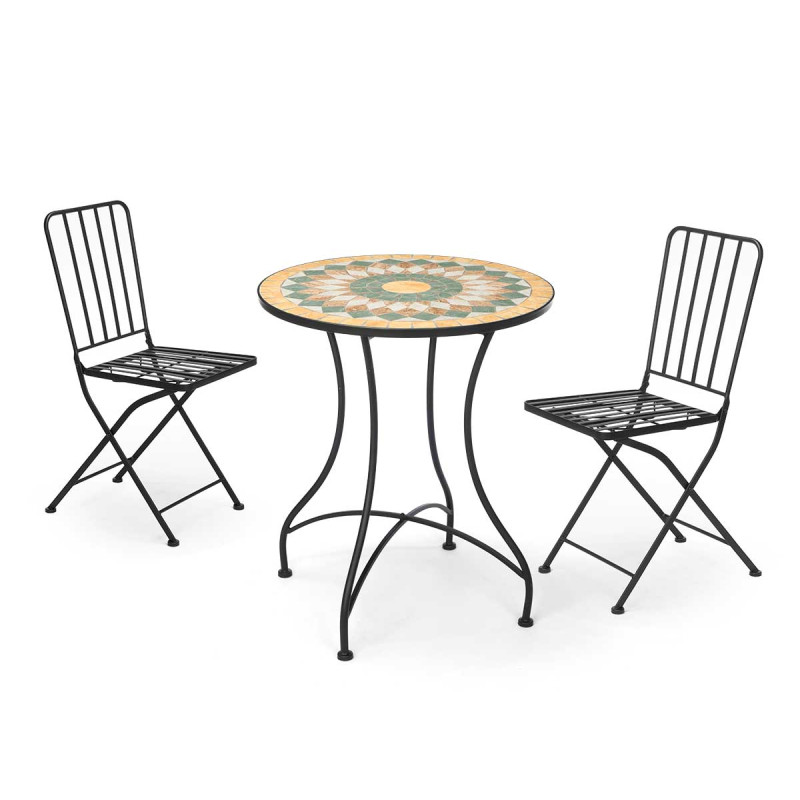 SET MOSAIC OCHRE IRON TABLE AND 2 BLACK CHAIRS 
