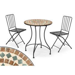 SET MESA MOSAICO MARRON 2 SILLAS FORJA NEGRA