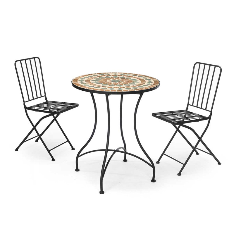 SET TABLE MOSAÏQUE BRUN  2 CHAISES FER FORGÉ NOIR