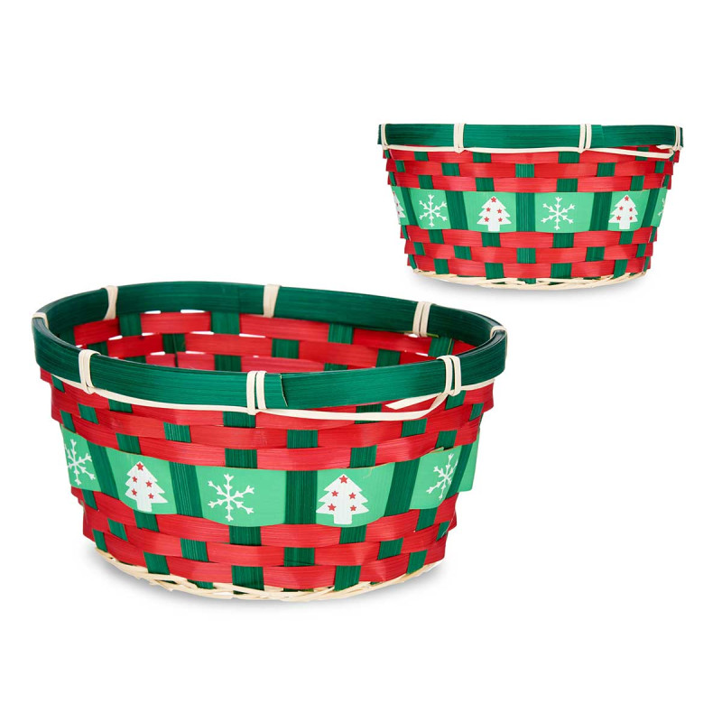 BAMBOO BRAIDED XMAS BASKET OVAL RED GREEN 