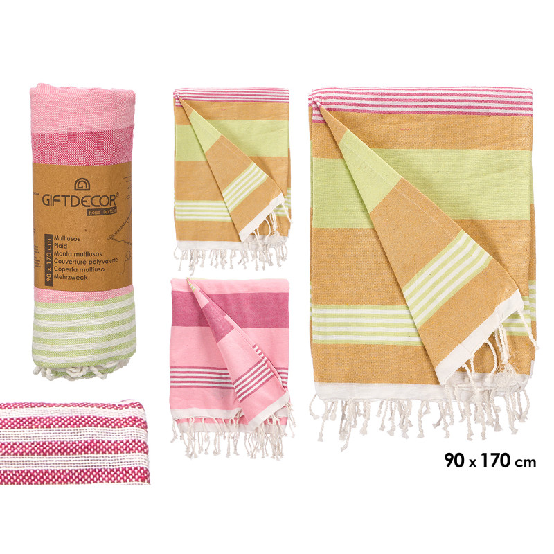 PAREO RAYURES ASSORTIES 2 COULEURS MARRON ROSE 90