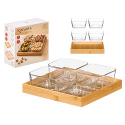 4 GLASS BOWLS BAMBOO TRAY
