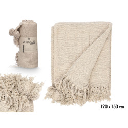 PLAID POLYVALENT POMPON NATUREL 120X150CM