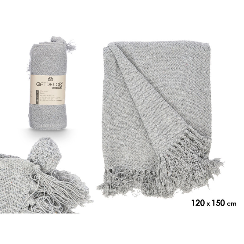 PLAID POLYVALENT POMPON GRIS 120X150CM