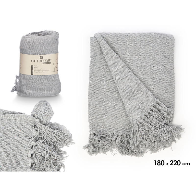PLAID POLYVALENT POMPON GRIS 180X220CM