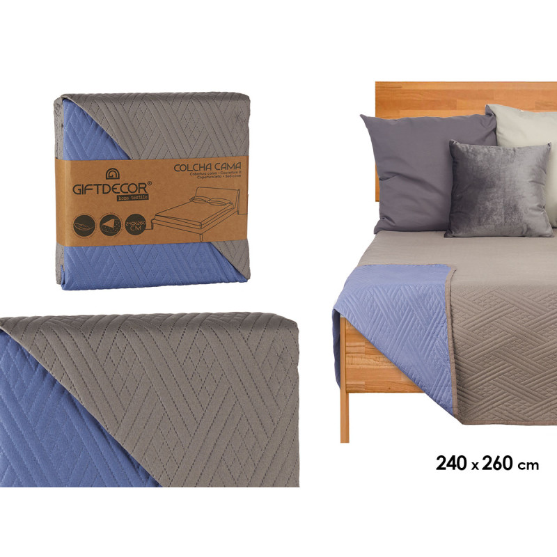 COLCHA CAMA REVERSIBLE 240X260 GRIS OSCURO Y AZUL