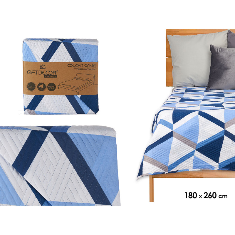 COLCHA CAMA REVERSIBLE 180X260 TRIANGULOS AZULES