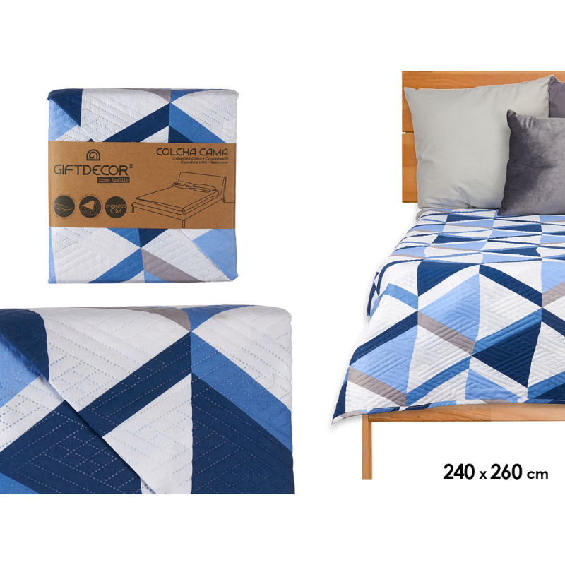 COUVRE LIT LIT 240X260 TRIANGLES BLEUS RÉVERSIBLE