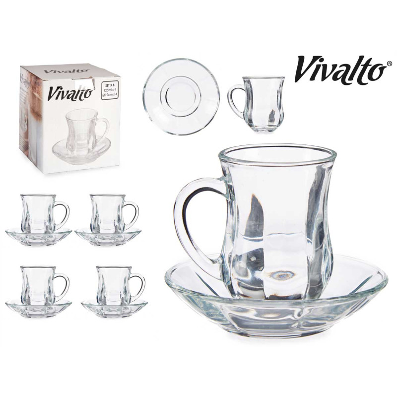 CONJ 4 CHÁVENAS VIDRO COM PRATO LISO 125ML