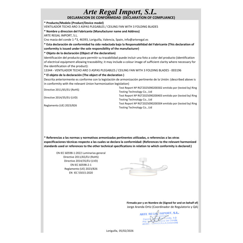 VENTILADOR TECHO ARO 3 ASPAS PLEGABLES