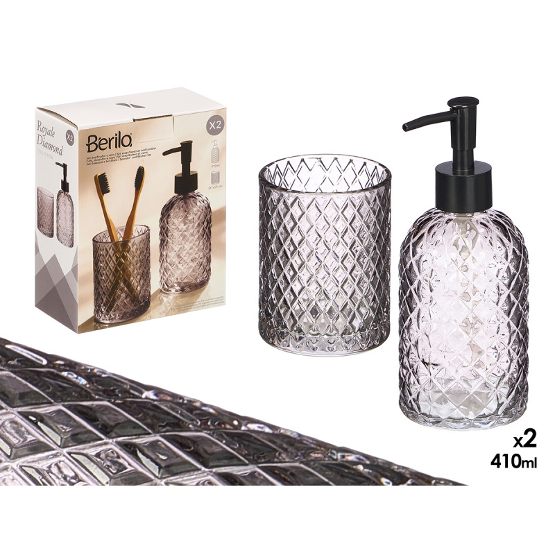 SET 2 DOSIFICADOR VASO 410ML BAÑO GRIS DIAMANTE
