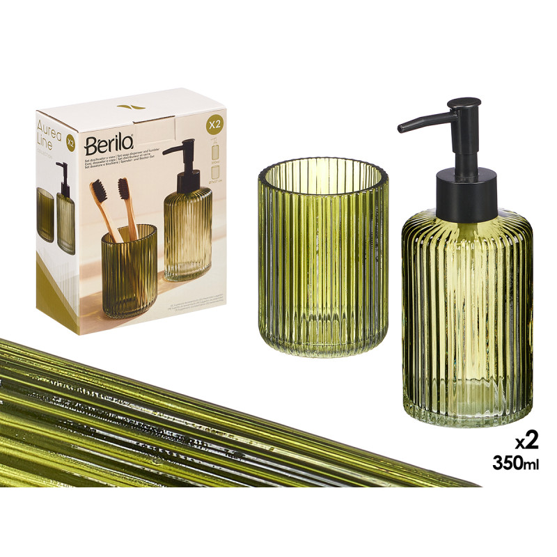 SET 2 DOSEADOR COPO 350ML BANHO VERDE RISCAS
