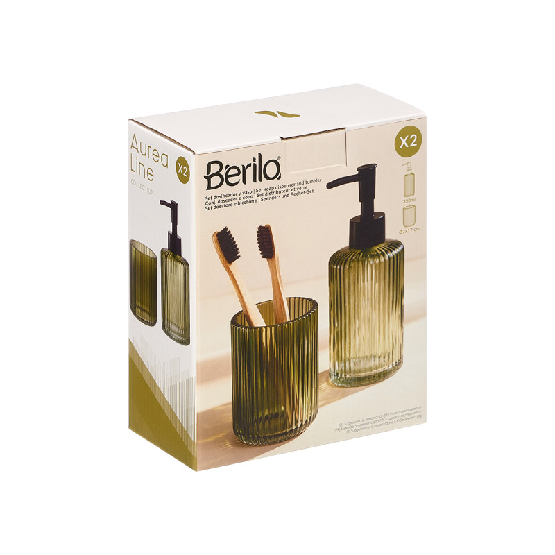 SET 2 BATH SOAP DISPENSR 350ML TUMBLER GRN STRIPED
