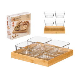 4 GLASS BOWLS BAMBOO TRAY