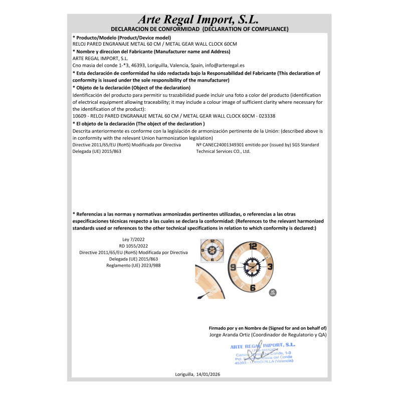HORLOGE MURALE ENGRENAGE METAL 60 CM
