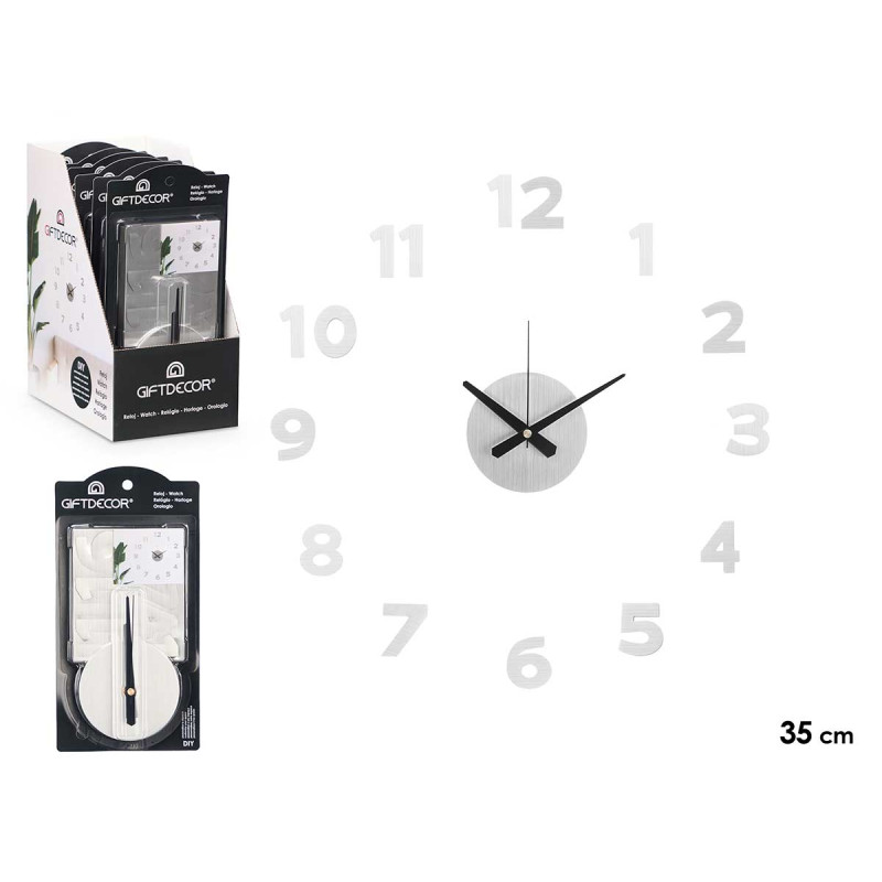 HORLOGE AUTOCOLLANT 35 CM NOMBRES ARGENT SATINÉ