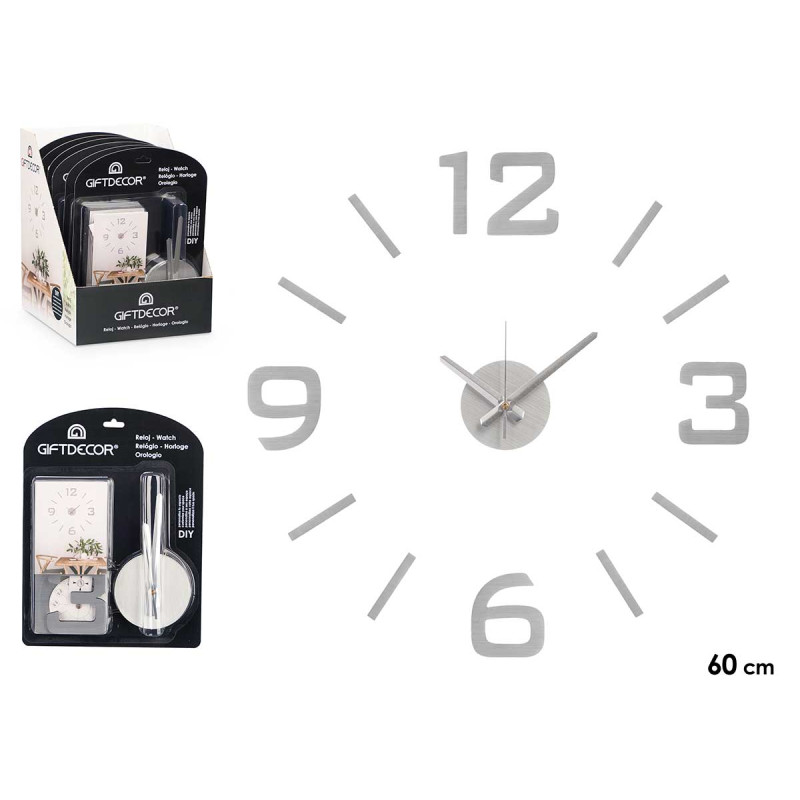 HORLOGE AUTOCOLLANT 60 CM ARGENT SATINÉ