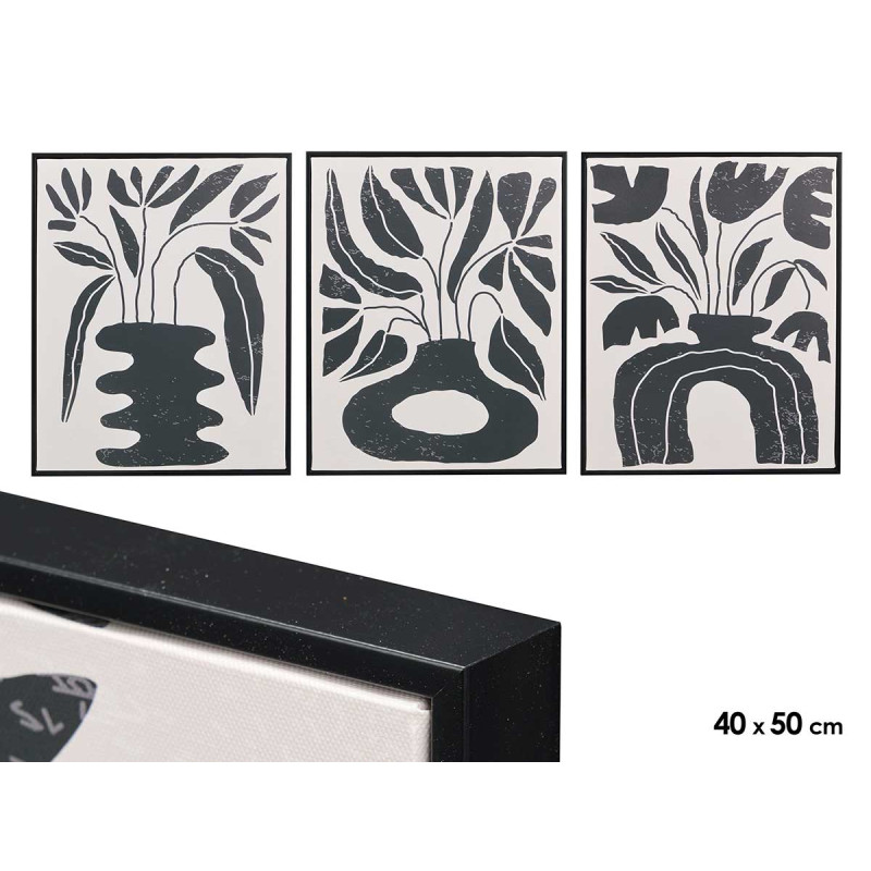 WHITE CANVA FRAME BLACK VASES ASSORTED 3
