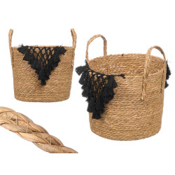 PORTAVASI VIMINI  MACRAMÈ POMPON NERO GRANDE
