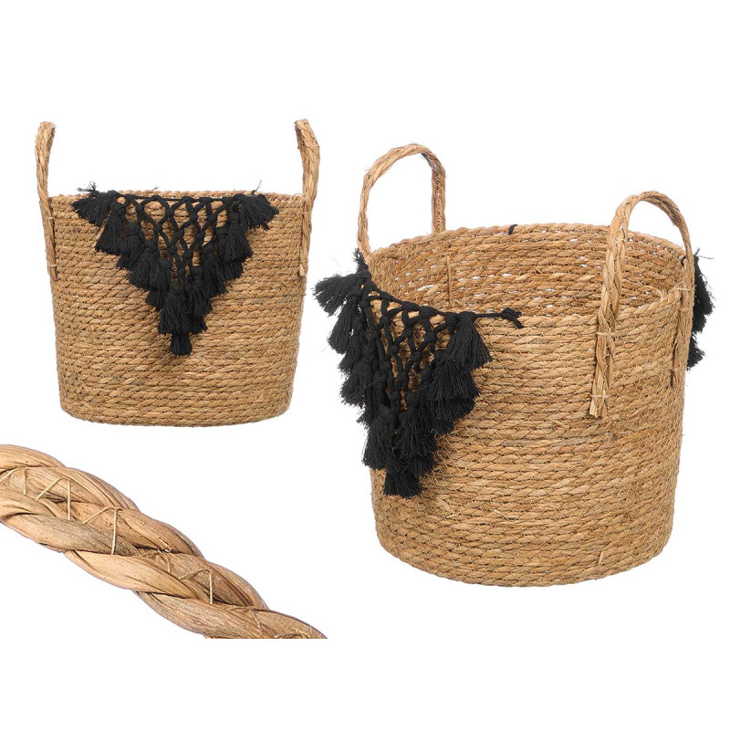 PORTAVASI VIMINI  MACRAMÈ POMPON NERO GRANDE