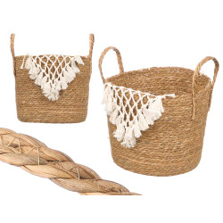 GRAND POT FLEURS EN OSIER MACRAMÉ POMPON BLANC